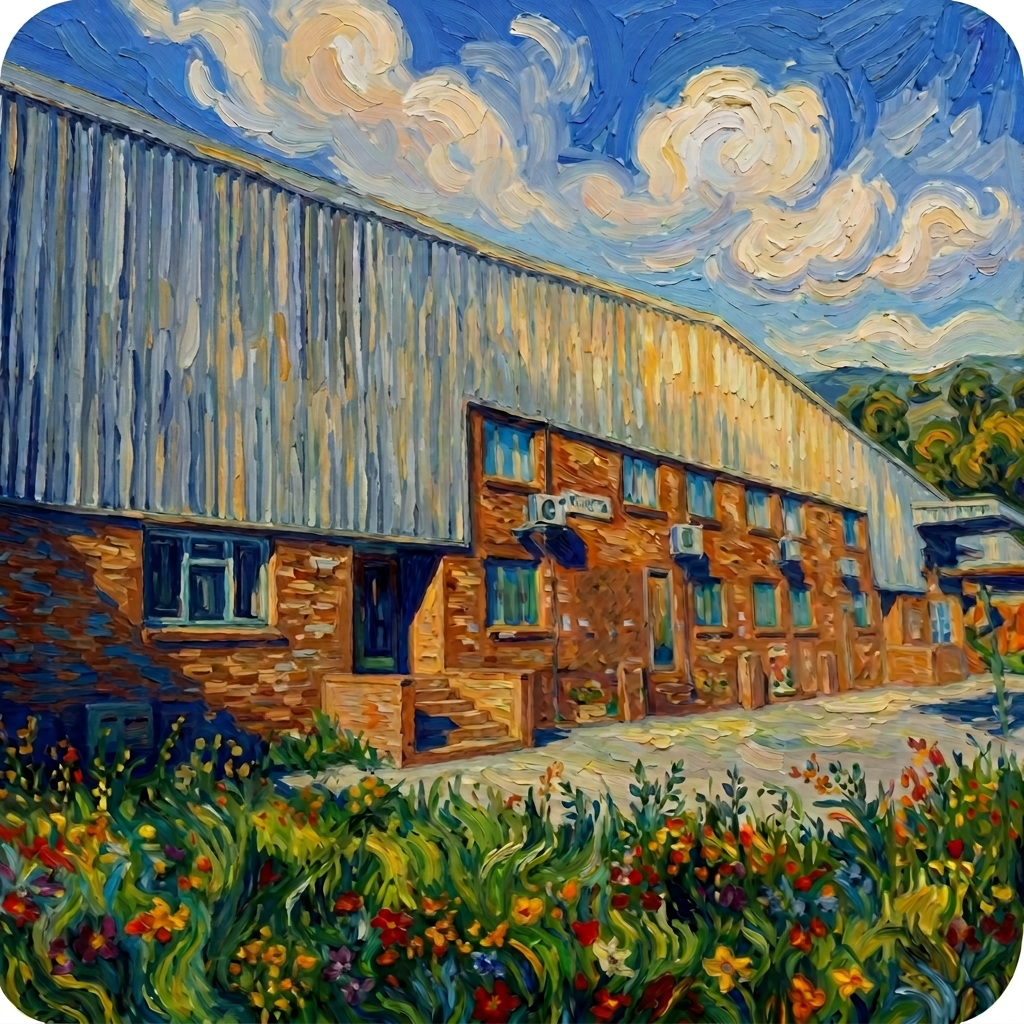 Van Gogh-style painting of the Hippo Knitting factory exterior on a bright sunny day